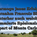 Vermoge jenes Erfolgs ubernahm Francois Blanc hinterher auch welches renommierte Spielcasino as part of Monte Carlo