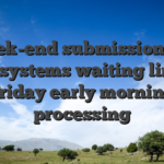Week-end submissions at most systems waiting line for Friday early morning processing